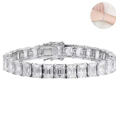 Full 0.4/1ct Emerald Cut Moissanite Tennis Bracelet 925 Sterling Silver Chain - Image 1 of 4