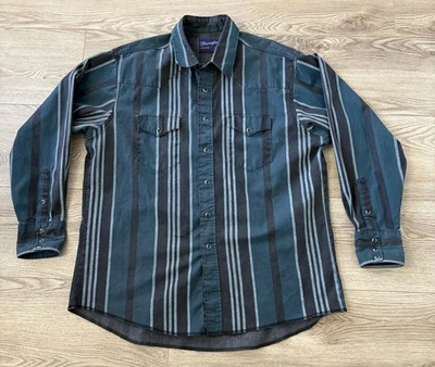 Wrangler Brushpopper Mens Green Black Striped Western Pearl Snap X Long Tails - Image 1 of 4