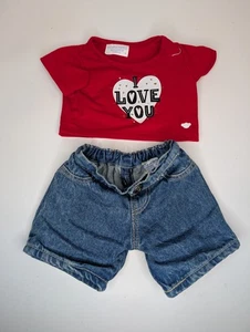 Build A Bear  Outfit I Love You Red White Heart Top Denim Jeans Teddy Clothes - Picture 1 of 6
