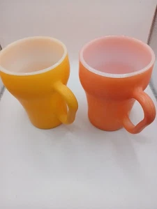 Vtg Anchor Hocking Fire King Coffee Mugs 4" Bright Yellow & Salmon Oven Proof - Picture 1 of 3