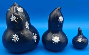 3 Black With Daisies Hand-Painted Vintage Folk Art Small Sized Gourds - Picture 1 of 18