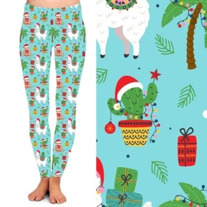 Llama Sloth Cactus Christmas Tree Holiday Women's Leggings TC Plus Size 12-18 - Picture 1 of 2