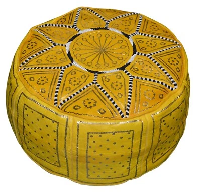 Pouf Moroccan Hassock Poof Handmade Leather Ottoman Footstool Medium Yellow - Image 1 of 4