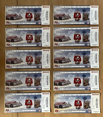 LOT of 10 - DALLAS COWBOYS @ TAMPA BAY BUCCANEERS 2011 NFL FULL FOOTBALL TICKETS Cover
