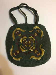 Vintage Embroidered Woven Green Zipper Handbag Classic Lined - Picture 1 of 6
