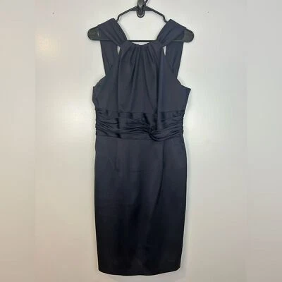 Vestido David Meister Azul Marino Satinado Sin Mangas Rushced Halter Vaina Talla 12 Foto 1 de 4