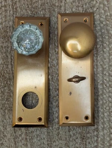 Antique Exterior Brass & Glass Door Knobs and Brass Door Plates W/Thumb Turn Set - Picture 1 of 13