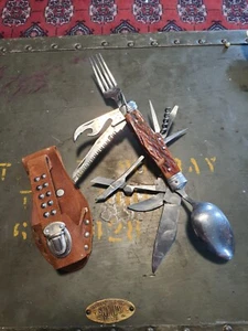 Vintage Stag Handle Stainless Survival Knife & 10 Multi Tools Leather Belt Case - Picture 1 of 15