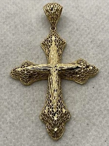 VINTAGE HANDMADE 18K Yellow Gold Diamond Cut Filigree CROSS Charm Pendant 3.5gr. - Picture 1 of 19