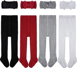 4 Pairs Baby Girls Tights Cable Knit Stockings and Bow Headbands 1-2T - Picture 1 of 7