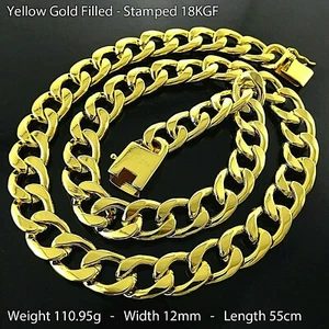 Chain Real 18k Yellow Gold Filled Solid Men's Curb Link Box Clasp Necklace 55cm - Picture 1 of 3