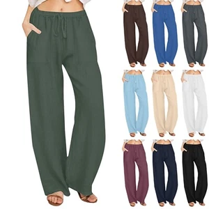 Women's Summer Drawstring Waist Wide Leg Loose Trousers Palazzo Comfy Pants - Picture 1 of 43