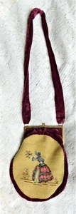 Antique Early 1900's Velvet Purse Handbag w Needlepoint Lady Art - Picture 1 of 7