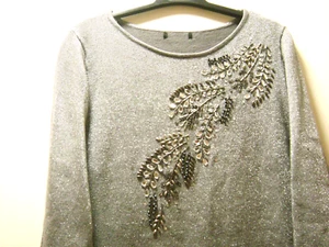 Cardigan Grey Silver Metallic Sweater Top with Embroidered Rhinesrtone M sz - Picture 1 of 4