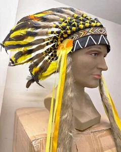 Indian Chief Yellow Feather Headdress Fancy Dress Festival Dance Native American - Picture 1 of 1