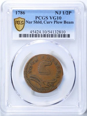 New Jersey Colonial 1786 1/2P Narrow Shield, Curved Plow Beam VG10 PCGS 54132810 - Image 1 of 4