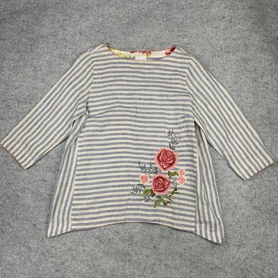 J.Jill Love 亚麻刺绣花卉波西米亚时尚束腰上衣女式 M 码蓝色条纹 — 第 1/4 张图片