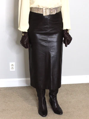 Falda de cuero para mujer marrón 6? Lápiz Largo Midi Suave Piel de Cordero De Colección Años 90 Y2K Raro Foto 1 de 4