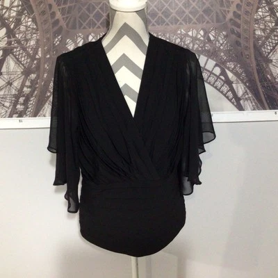 Camisa Xscape Negra Manga Acampanada Transparente Cuello en V Plisada Frontal Cintura 14W Foto 1 de 4