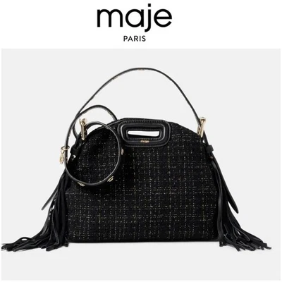 NUEVO CON ETIQUETAS MAJE Negro Dorado Metálico Tweed Bandolera Bolso de Hombro Cartera Cuero Borla Foto 1 de 4
