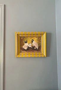 Pre-owned Siamese Cat Oil Painting With Reworked Striped Frame - Picture 1 of 13