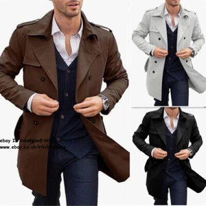 Men's Lapel Double Breasted Trench Coat Duster Mens Windbreaker Jacket Overcoat - Picture 1 of 19