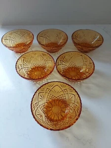 French Amber Glass Bowl Set 7 Piece Dessert Serving Starburst Vintage Retro - Picture 1 of 23