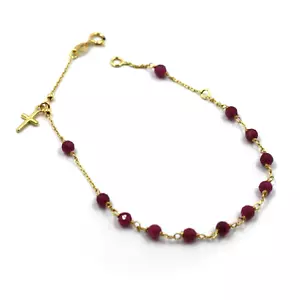 Bracelet Yellow Gold 18K 750, Rosary, Ruby Red Ladies 3 MM, Cross And Medal - Picture 1 of 8