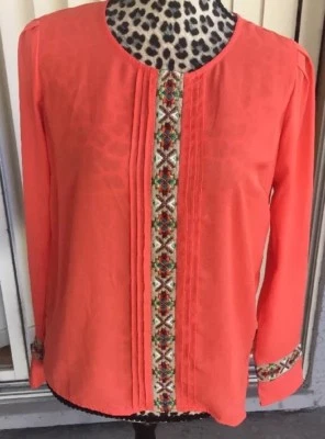 Needle & Thread Boho Top Embroidered Detail Long Sleeve Sheer Orange Small - Image 1 of 4