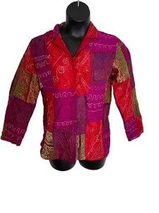 Chicos Size 1 (L) Crazy Patchwork Silk Blend Jacket Button Up Long Sleeve E518 - Picture 1 of 11