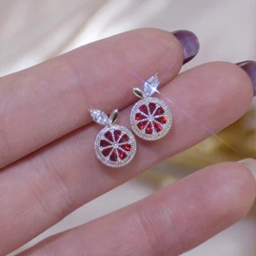 10K Yellow Gold With Simulated Ruby & Moissanite Orange Shape Stud Earrings - Image 1 of 3