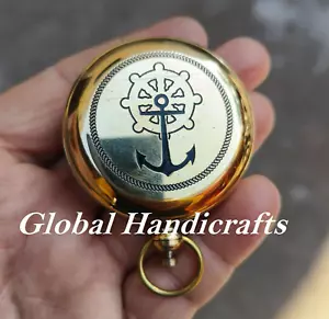 Brújula de bolsillo coleccionable con botón pulsador de latón con logotipo de rueda náutica y ancla - Imagen 1 de 8