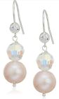 Sterling Silver,Pink,Cultured Pearls,Made With Swarovski Crystals, Long Earrings