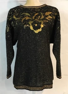 Vtg Kim Mariea Womens M Sweater Black Gold Metallic Wool Blend Dolman Sleeve USA - Picture 1 of 12