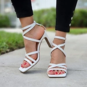 Womens Triple Straps Chunky Heels Sandals White Color - Picture 1 of 5