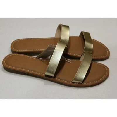 Сандалии GAP с двойным ремешком плоские легкие металлические бледно-золотистые из искусственной кожи размер 8 - Изображение 1 из 4