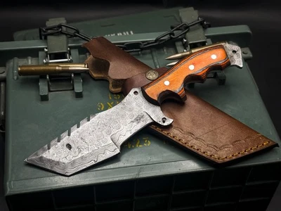 Handmade Damascus Steel Tracker knife Wood Handle, Leather Sheath - Image 1 of 4