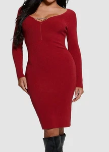 Vestito Maglione Guess Donna Rosso Strass Catena Ritaglio Taglia L - Foto 1 di 3