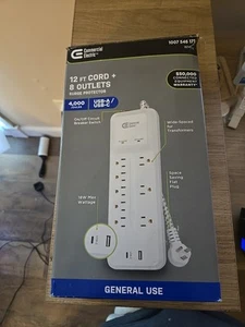 COMMERCIAL ELECTRIC 12 ft Braided Cord 8Outlet Surge Protector USB USB-C whi 205 - Picture 1 of 4