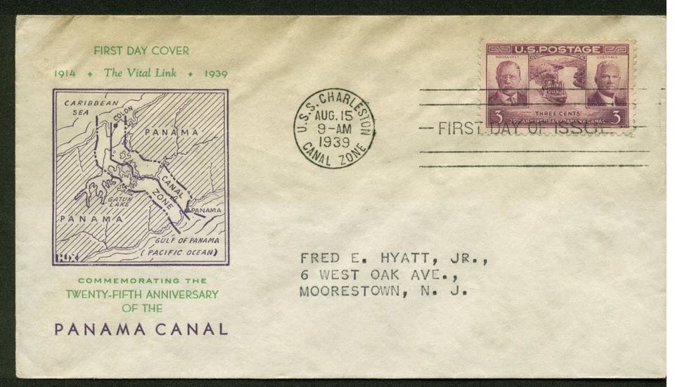 856 CANAL ZONE FDC USS CHARLESTON, CZ  8/15/39 PLANTY 856-17 HUX/CUT CACHET - Image 1 of 1