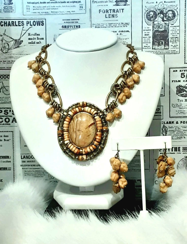 CHICO'S Fabulous Natural (Picture Jasper) Stone, 10"L Necklace+2"L Earrings  Jy3 - Image 1 of 4