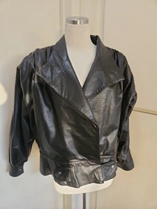 Vintage Blk Leather Jkt 1980s Retro, Oversized, Shoulders, Shoulders(Pads) Sz. L - Picture 1 of 12