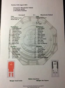 2001 Charity Shield Liverpool v Manchester United Matchsheet - Picture 1 of 1