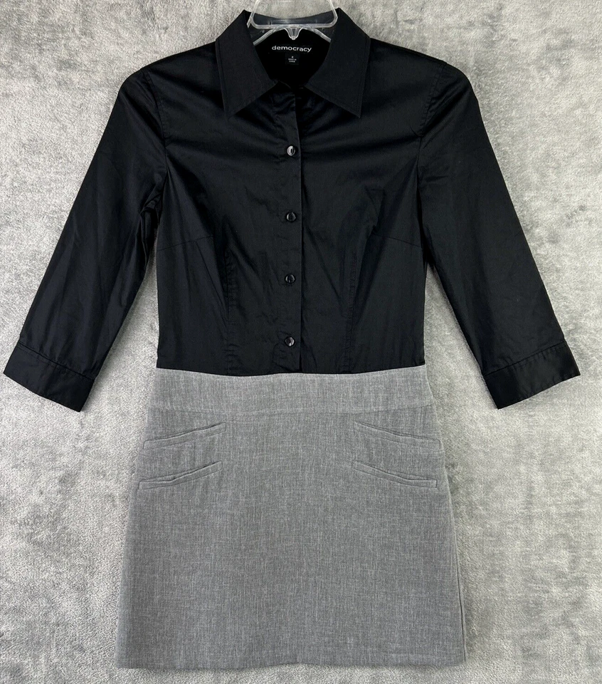 Democracy Women's 4 Gray Black Short Sleeve Dress Blouse Skirt Faux Suit Office - Image 1 of 4