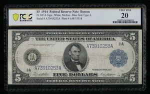 SC 1914 $5 Fr.847A FRN Boston Blue Seal Type A PCGS 20 Very Fine (253) - Picture 1 of 3