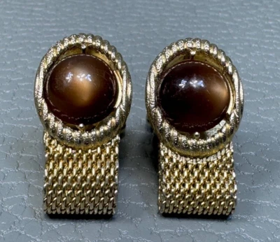 Vintage Brown Lucite Ball Yellow Gold Plated Wrap Around Cuff Links - Image 1 of 3