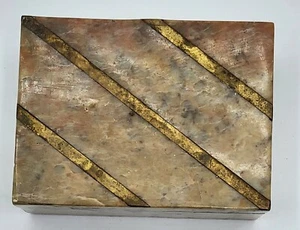 Vintage Brass Inlay Mosaic Carved Stone Trinket Box 3x4 - Picture 1 of 7