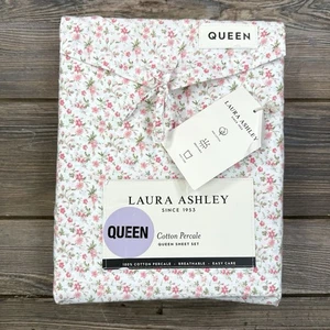 Laura Ashley Queen Sheet Set Evie Crimson Red Floral Green 4pc Cottage Farmhouse - Picture 1 of 5