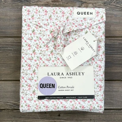 Laura Ashley Queen Sheet Set Evie Crimson Red Floral Green 4pc Cottage Farmhouse - Image 1 of 4