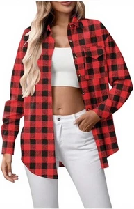 Camicia donna bufalo quadri flanella bottoni manica lunga shacket casual MEDIA - Foto 1 di 9